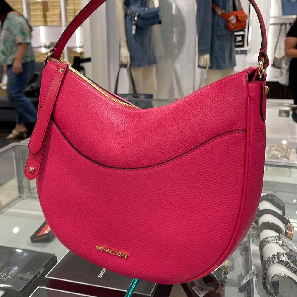 Michael Kors Dover Large Leather Top Zip Half Moon Shoulder Bag in Electric Pink